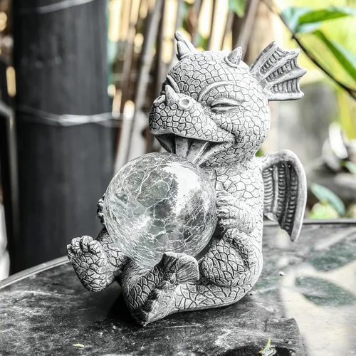 Miniatura 6 de Estatua de Dragón de Jardín con Energía Solar Figura Luminosa para Exteriores Decoración Linda que Sostiene Bola de Cristal Brillante Escultura