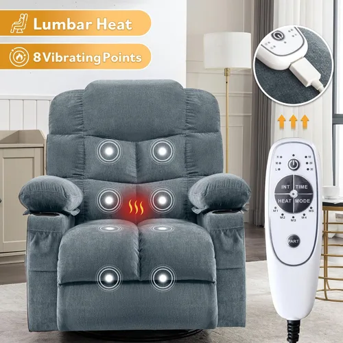 Miniatura 6 de MAHOMICO Swivel Rocker Recliner Chair with Vibration Massage and Heat for Living Room,with Rocking Function and Side Pocket, USB Charge Port,2 Cup