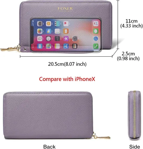 Miniatura 2 de FOXLOVER Carteras de cuero genuino para mujer, carteras de embrague con cremallera RFID con pulsera
