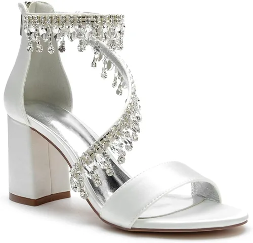 Hyinlays Sandalias de tacón alto de cristal grueso para mujer, con correa de tobillo, zapatos de boda, baile de graduación, zapatos de noche