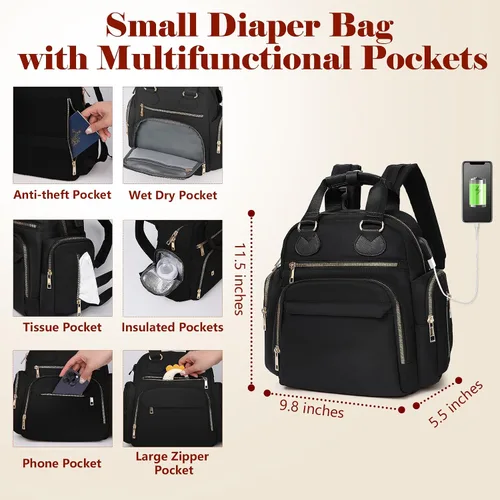Miniatura 4 de Mochila para pañales de viaje con cambiador, 13 bolsillos, bolsillos aislados, puerto de carga USB, artículos esenciales para baby shower