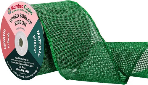 Miniatura 32 de Mandala Crafts Cinta de arpillera verde con alambre para corona, cinta de arpillera con alambre verde rústico de yute natural, 1 pulgada de ancho