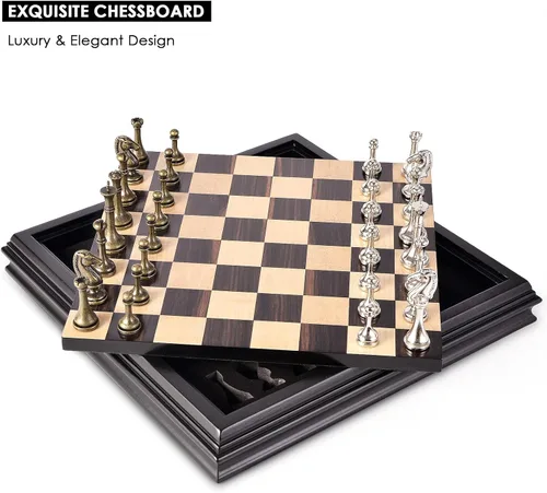 Miniatura 4 de AMEROUS Juego de ajedrez de madera de 12.5 pulgadas con piezas de ajedrez de metal, juego de mesa clásico con rey de 2.5"/almacenamiento para piezas