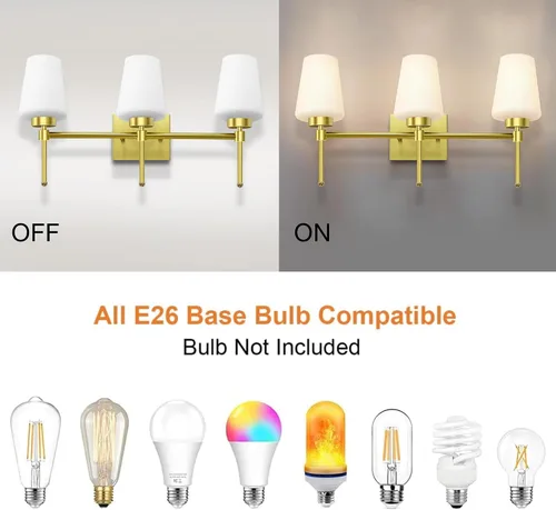 Miniatura 4 de Lámpara de baño de latón cepillado, 3 luces de 24 pulgadas, aplique de pared moderno con pantalla de vidrio para sobre el espejo, clasificación