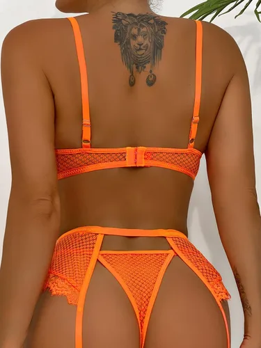 Miniatura 5 de Avidlove Conjunto de liguero para mujer, lencería sexy de malla con aros, 4 piezas, brasier de cadena S-XXL