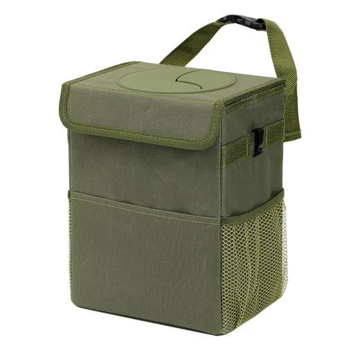 Miniatura 13 de AOKJOY Basurero para automóvil con tapa a prueba de fugas, bote de basura para vehículo, 3 bolsillos de almacenamiento, colgante, bolsa de basura