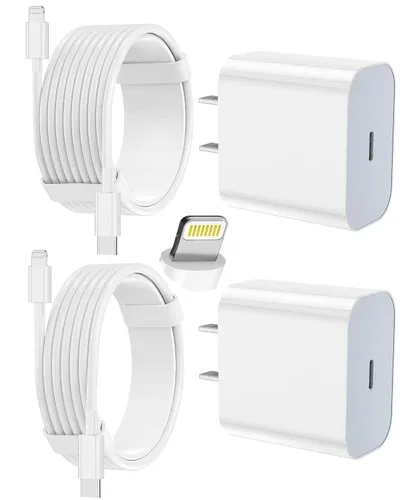 Cargador de iPhone de carga rápida, paquete de 2 bloques de carga de pared tipo C con 2 unidades [6 pies y 10 pies] cable USB C a Lightning para