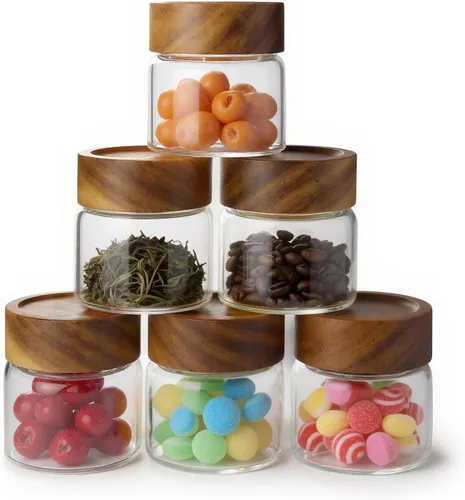 Miniatura 10 de Paquete de 6 Recipientes de Vidrio Herméticos Apilables de 4 oz con Tapas de Acacia - Frascos Mason Pequeños para Avena Nocturna, Almacenamiento