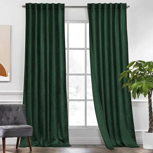 Miniatura 12 de KGORGE Cortinas de terciopelo verde cazador con pliegues pinzados de 84 pulgadas, con aislamiento térmico para oscurecer habitaciones, con anillas