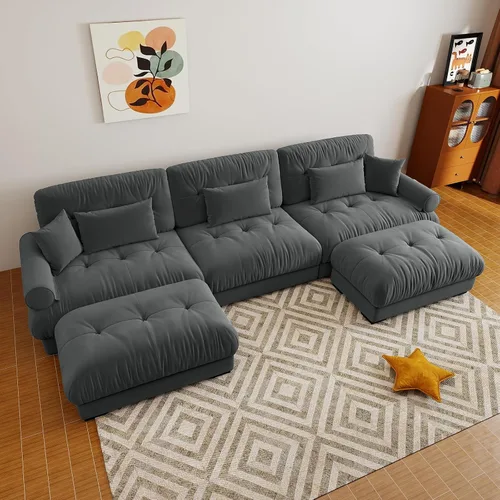Miniatura 41 de Sofá modular de gran tamaño de 94 pulgadas, sofás seccionales grandes de color beige y blanco para sala de estar, juego de sofá de terciopelo, sofás