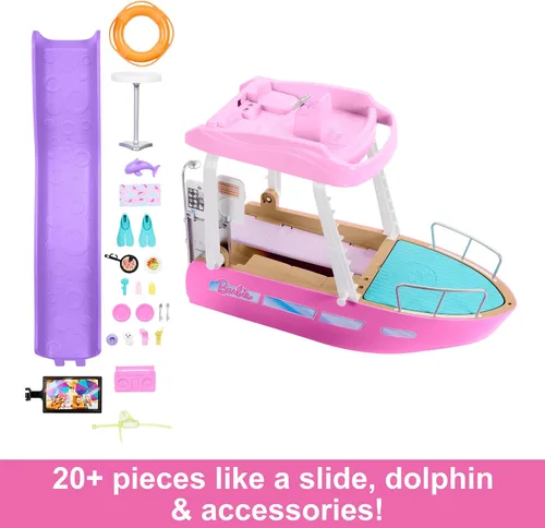 Miniatura 9 de Set de juego de barco de ensueño de Barbie con más de 20 accesorios temáticos marinos de tamaño para muñecas de moda, incluyendo piscina, tobogán