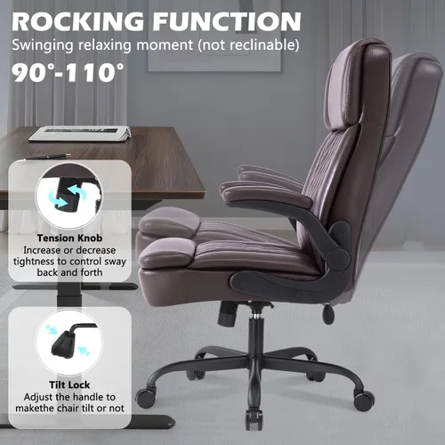 Miniatura 6 de Silla de oficina ejecutiva grande y alta de 450 libras con brazo abatible, silla de escritorio de computadora de cuero PU resistente, cómoda silla