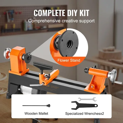 Miniatura 6 de VEVOR Torno de Madera de Sobremesa, 10 pulgadas x 18 pulgadas, 0.5 HP 370W Máquina de Torno para Madera, 5 Velocidades Variables