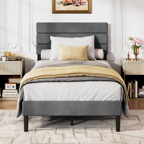 Miniatura 15 de WLIVE Base de cama tapizada, marcos de cama individual con cabecero, cama de plataforma con listones de madera, base de colchón de 600 libras,