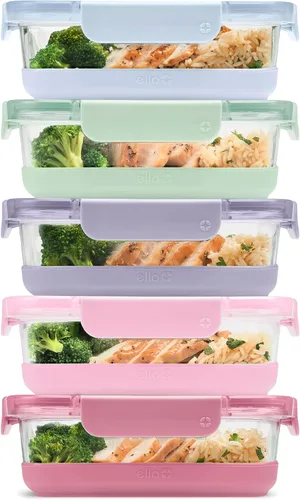 Ello Duraglass Refresh - Juego de 5 recipientes de vidrio para almacenamiento de alimentos de 3.4 tazas con funda de silicona y tapas de plástico