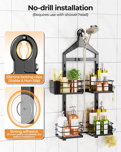 Miniatura 8 de ODesign Organizador de ducha de 2 niveles de altura ajustable, organizador de almacenamiento de estantes de baño, cesta de color negro