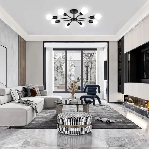 Miniatura 3 de Lámpara de Techo Semiempotrada de 23.62'', Candelabro Moderno de 8 Luces Negro para Sala de Estar, Candelabro de Luces Sputnik para Dormitorio
