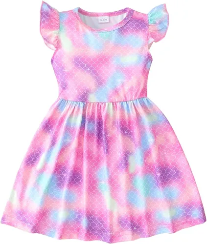Vestido de unicornio casual con mangas con vuelo para niñas pequeñas, vestido de verano para fiesta de cumpleaños, vestidos de verano de 1 a 8 años