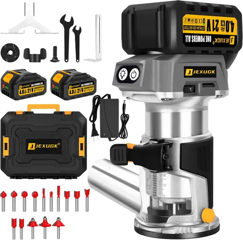 JEXUGK Enrutador Inalámbrico Sin Escobillas, Enrutador de Madera Compacto de 21V con Batería de 2x4.0Ah, Enrutador de Palma Portátil Pequeña con 6