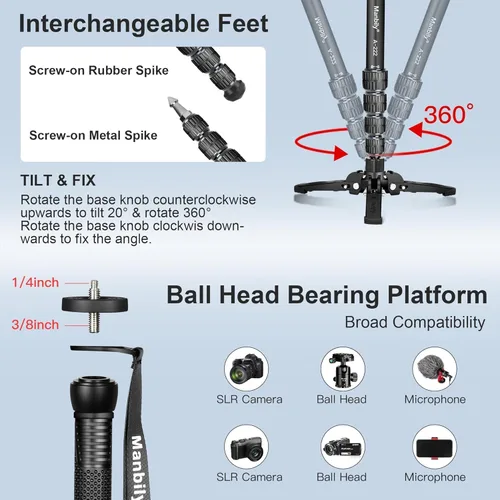 Miniatura 4 de Manbily Monopods for Cameras with Feet, 5 Sections, 67'', Max Load 15.43lb, Camera Monopod Extendable Portable Travel Aluminum for DSLR Canon Nikon