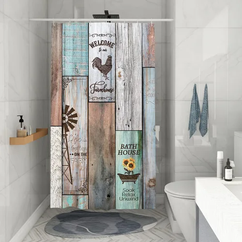 Miniatura 43 de Juego de baño estilo granja de 3 piezas con cortina de ducha y alfombras, cortina de ducha de 72'' y dos alfombras de baño antideslizantes lavables