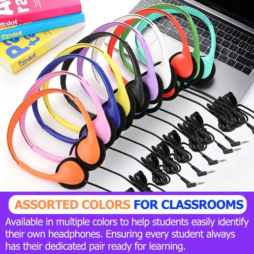 Miniatura 8 de Paquete de 10 auriculares para niños a granel para el aula escolar, auriculares multicolor con cable para estudiantes, auriculares ajustables