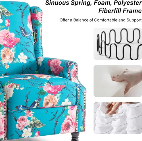 Miniatura 5 de Silla reclinable tapizada, sillón de ala floral con respaldo y reposapiés ajustables, cómoda silla decorativa para leer, sofá individual
