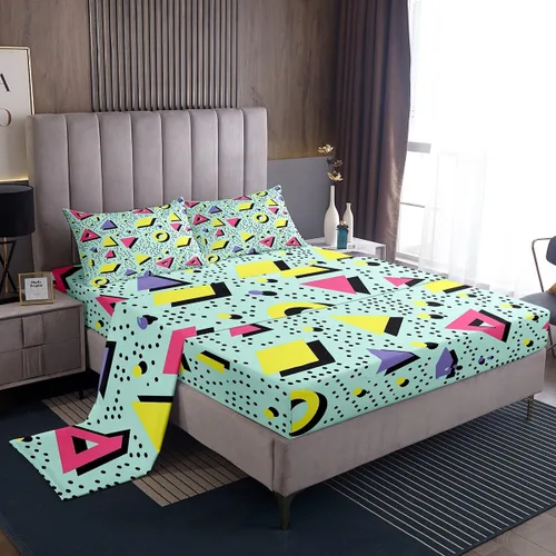 Miniatura 30 de Erosebridal Juego de sábanas de estilo retro de los años 80, tamaño individual, diseño geométrico abstracto, diseño moderno urbano con círculos
