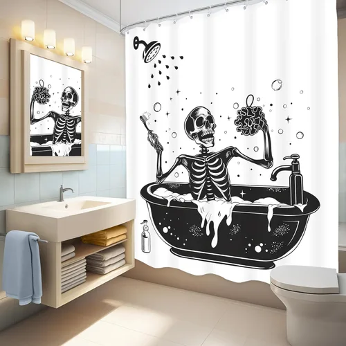 Miniatura 4 de Juego de cortinas de ducha divertidas con diseño de calavera y esqueleto de Halloween para baño, 60 pulgadas de ancho x 71 pulgadas de alto