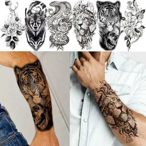 Miniatura 7 de VANTATY 20 hojas de tatuajes temporales extra grandes de brazo completo para hombres adultos, manga de tatuajes temporales de tigre, serpiente