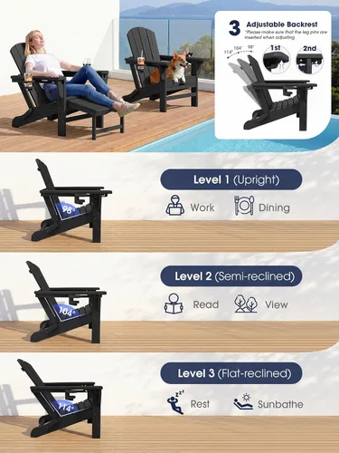Miniatura 5 de KINGYES Silla Adirondack plegable ajustable con otomana retráctil, silla reclinable Adirondack de polietileno de alta densidad con soporte