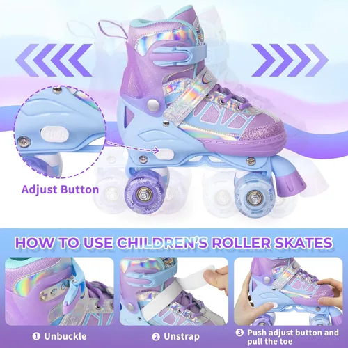 Miniatura 4 de Nattork Patines de ruedas para niños y niñas, 4 tamaños ajustables con ruedas iluminadas para niños principiantes para interiores y exteriores Cielo