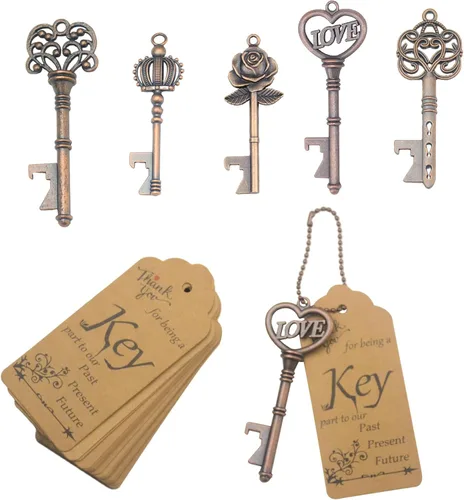 Makhry 50 piezas de abrebotellas con llave para recuerdos de boda, abrebotellas de esqueleto vintage con etiquetas de acompañantes y llaveros,