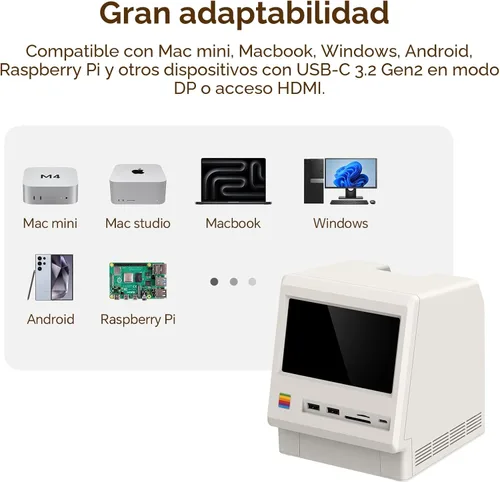 Miniatura 4 de Estación de acoplamiento Wokyis M5 Retro para Mac mini M4, pantalla HD de 5 pulgadas, carcasa SSD M.2 NVMe de 10 Gbps, lector SD/Micro SD 4.0