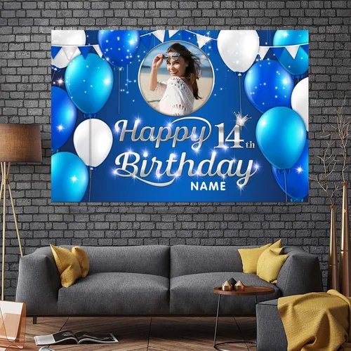 Miniatura 7 de Cartel decorativo de feliz cumpleaños número 14, azul marino, personalizado con fotos y nombres NLK-14th-Azul marino