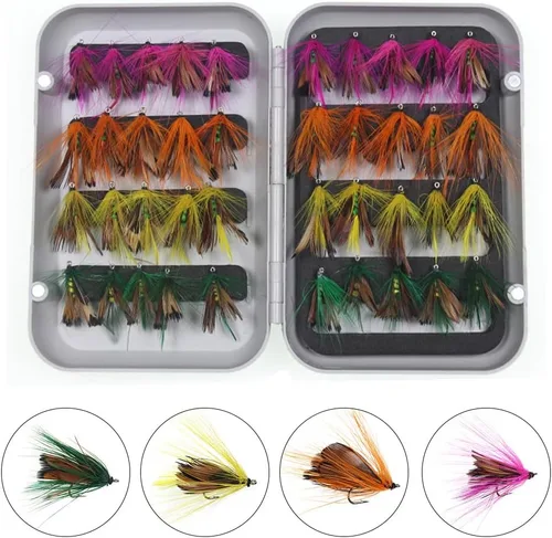 Juego de 40 moscas de pesca, señuelos de mariposa, atados a mano, trucha, lubina, mosca, surtido con caja de moscas para pesca con mosca, lubina,