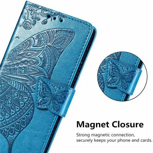 Miniatura 5 de Funda tipo cartera para Samsung Galaxy S21, piel sintética de alta calidad con diseño de flores de mariposa en relieve, función atril, ranuras