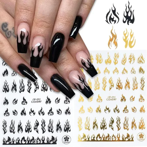 Miniatura 2 de 10 hojas de calcomanías de arte de uñas, calcomanías de arte de uñas doradas y negras, diseño de llama, calcomanías de uñas autoadhesivas 3D