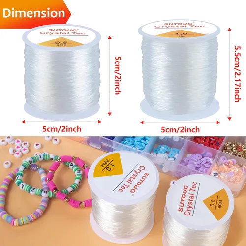 Miniatura 2 de Cuerda elástica de 0.031 in y 0.039 in para pulseras, 2 rollos de cuerda elástica fuerte para hacer joyas, cordón de cuentas de cristal transparente