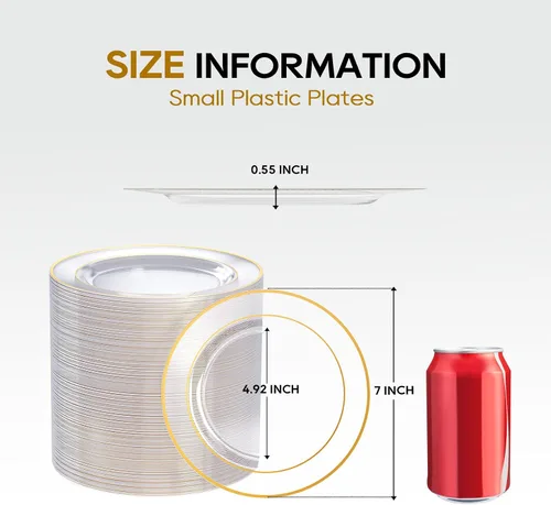 Miniatura 3 de FOCUSLINE Platos pequeños de plástico transparente dorado de 7 pulgadas, 100 unidades, platos transparentes desechables resistentes con borde Platos