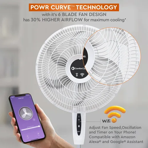 Miniatura 4 de Comfort Zone Ventilador oscilante inteligente WiFi de 18 pulgadas, ventilador de pared de 3 velocidades con control de voz, temporizador de función