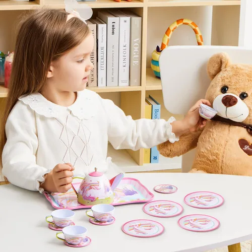 Miniatura 9 de JOYIN Juego de fiesta de té de unicornio para niñas pequeñas, juego de tetera de lata rosa, juguete de cocina con tetera, taza, plato, estuche