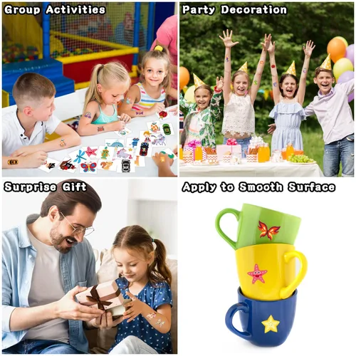 Miniatura 5 de Partywind Tatuajes temporales para niños, 204 calcomanías de tatuaje falsas para niños, suministros de fiesta, decoraciones sorpresas de cumpleaños