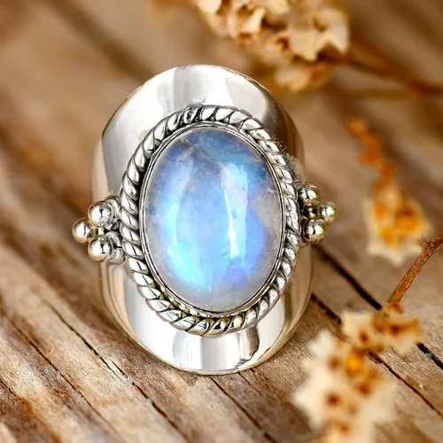 Miniatura 2 de Boho-Magic Anillo de plata de ley con piedra lunar para mujer, joyería bohemia, piedra preciosa ovalada