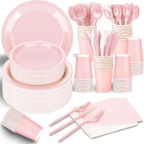 El juego de 228 piezas de suministros de fiesta color rosa incluye platos de papel, vasos, servilletas rosas, cucharas de plástico, tenedores,