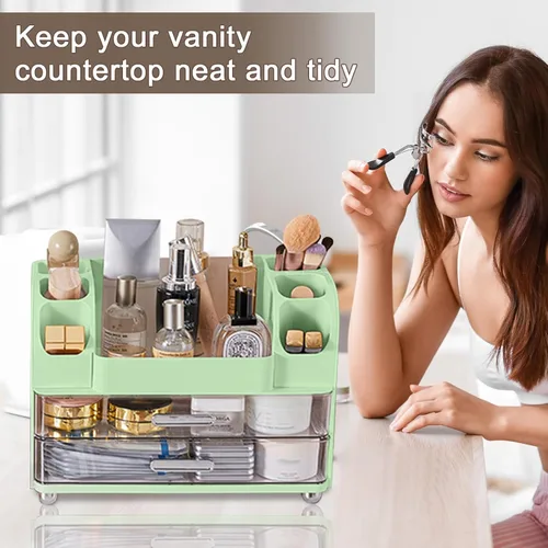 Miniatura 3 de DASITON Organizador de maquillaje de gran capacidad para tocador con 2 cajones, organizadores de cuidado de la piel con soporte para brochas