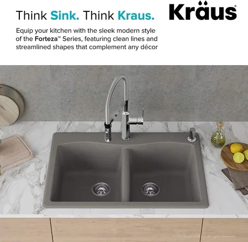 Miniatura 3 de Kraus Forteza - Fregadero de cocina de doble seno 50/50 de granito de instalación empotrada/sobre encimera, 33 pulgadas, color gris (KGD-52GREY)
