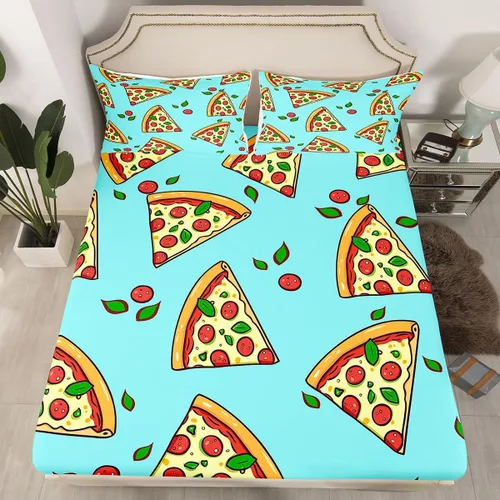 Juego de sábanas de pizza de dibujos animados para niños, adolescentes, sábana bajera moderna y bohemia para niños y adultos, suave, verde,