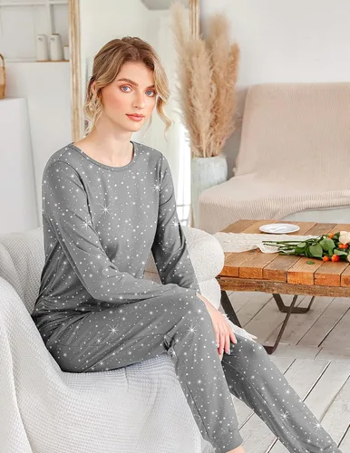 Miniatura 114 de Ekouaer Conjunto de pijama de manga larga para mujer, ropa de dormir suave con cuello redondo y bolsillos