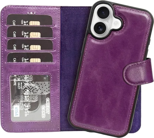 Miniatura 24 de HARDISTON Funda de piel auténtica de alta calidad hecha a mano para iPhone 11 Pro de 5.8 pulgadas, tarjeteros de doble folio, funda magnética Negro